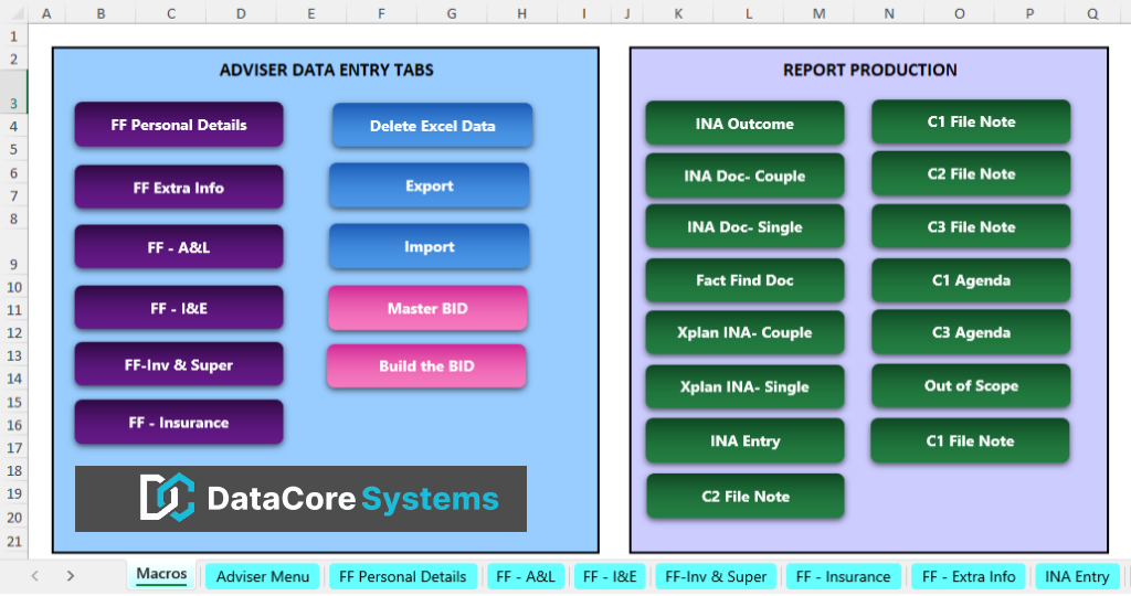 Templetons Financial Adviser Data Entry Tabs and Report Production Control Panel